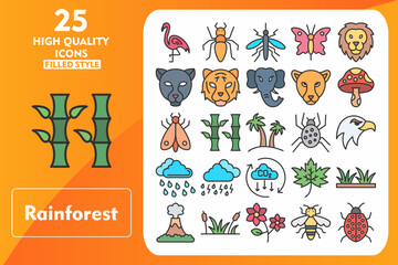 Rainforest Line Filled Icon Set. Incleded Icons Flamingo, Bamboo, Leaf, Grass, Valcano, Swamp, Flower, Bee, Ladybug, Ant, Mosquito, Butterfly. Vector Icons Collection