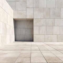 Modern, minimalist, light beige tile building exterior.  Empty, open space