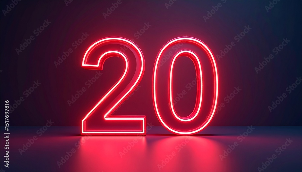 Poster 3d rendering of a metallic number 20 with curved red neon lines on a background.