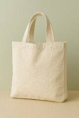 A blank canvas tote bag with handles, perfect for various uses. The bag is simple and minimalistic, and stands out against a soft color backdrop. 