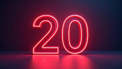 3D rendering of a metallic number 20 with curved red neon lines on a background. 