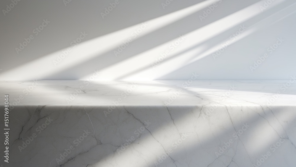 Poster white marble backdrop with light beam and shadow leaves on concrete wall texture for product display
