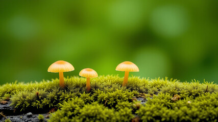 Three small orange mushrooms growing in moss
