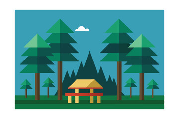 Obraz premium stylized forest campground with picnic tables