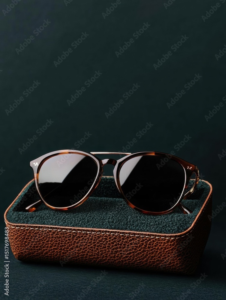 Poster pair of sunglasses resting on top of a brown leather case. the case is rectangular in shape and has 