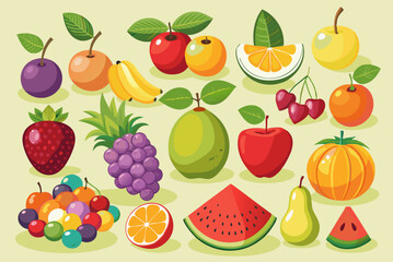 set of fruits and berries on white background