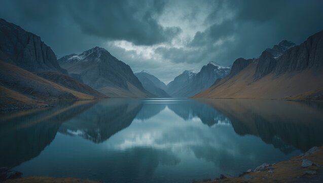 Serene mountain lake beneath a cloudy sky