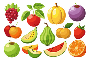 set of fruits and berries on white background