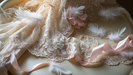 Romantic wedding background featuring lace, cascading ribbons, and feathers in cheerful, pastel hues