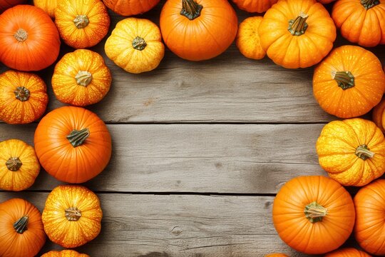 A vibrant arrangement of various pumpkins on a rustic wooden table, showcasing autumn harvest