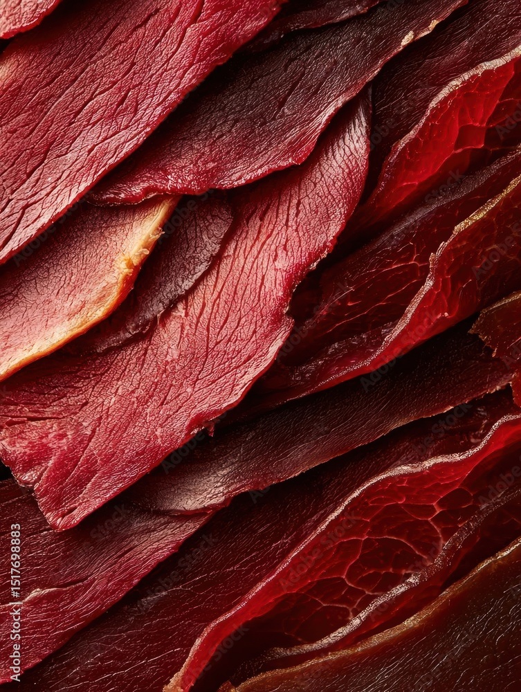 Aufkleber close-up of a group of red-colored strips of meat. the strips are arranged in a random pattern, over