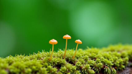 Three tiny orange mushrooms on green moss