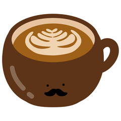 Cute Mustached Coffee Latte with Latte Art – Adorable Kawaii Style Cup Flat Vector Illustration
