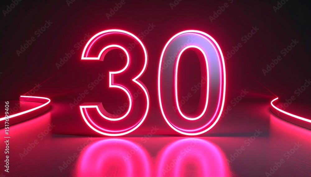 Poster 3d rendering of a metallic number 30 with curved red neon lines on a background.
