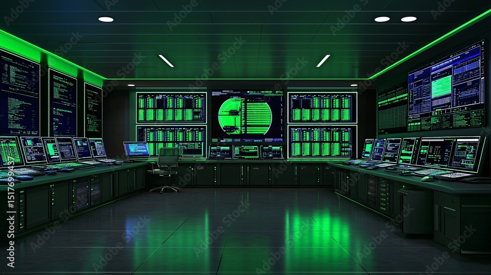 Poster high-tech data security operations center with neon green displays