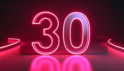 3D rendering of a metallic number 30 with curved red neon lines on a background. 