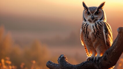 Little owl perched on a small dry bush illuminated by morning golden sunlight
