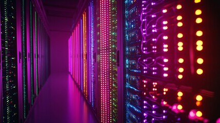 High-Tech Data Center with Rows of Gleaming Colorful Lights