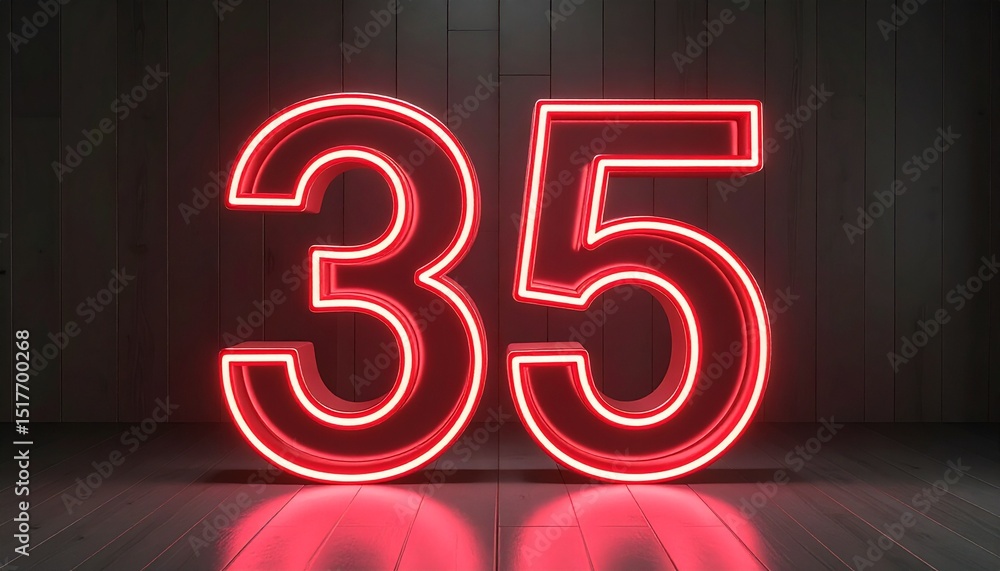 Poster 3d rendering of a metallic number 35 with curved red neon lines on a background.