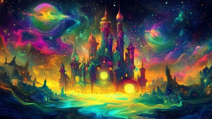 Colorful castle fantasy landscape with vibrant sky and water.