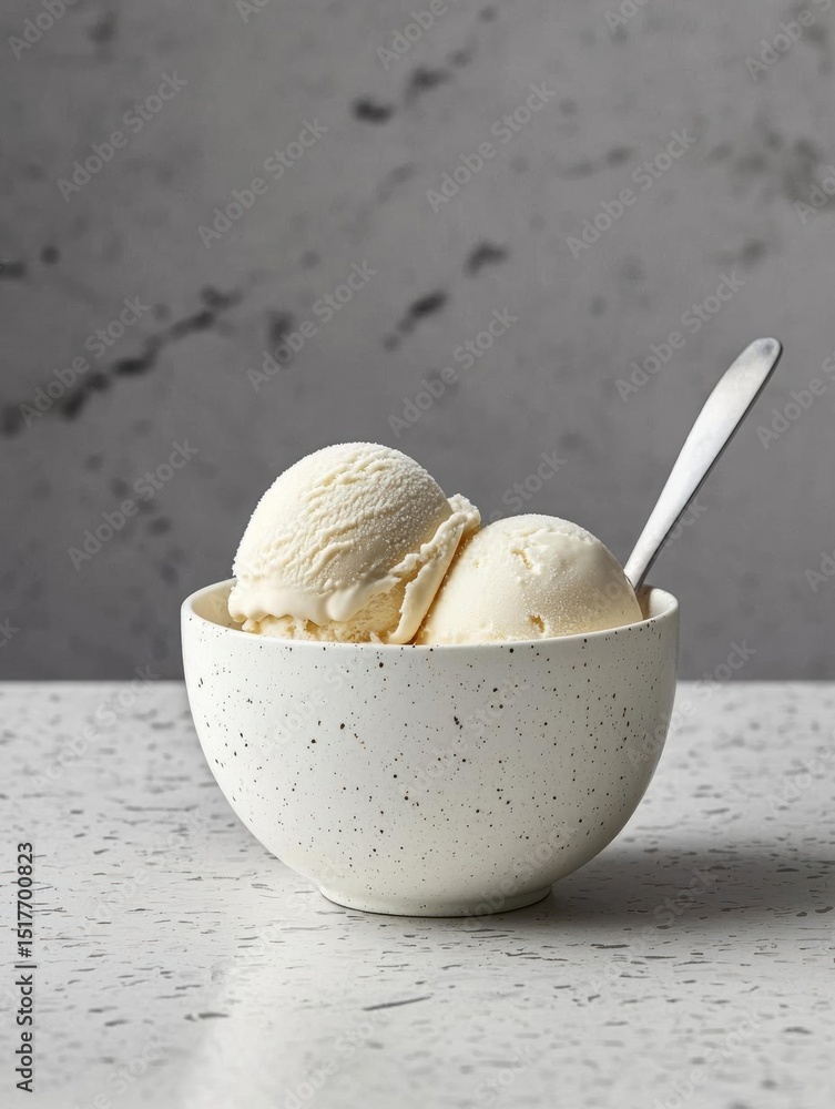 Poster white bowl with a speckled texture. inside the bowl, there are two scoops of vanilla ice cream. the 