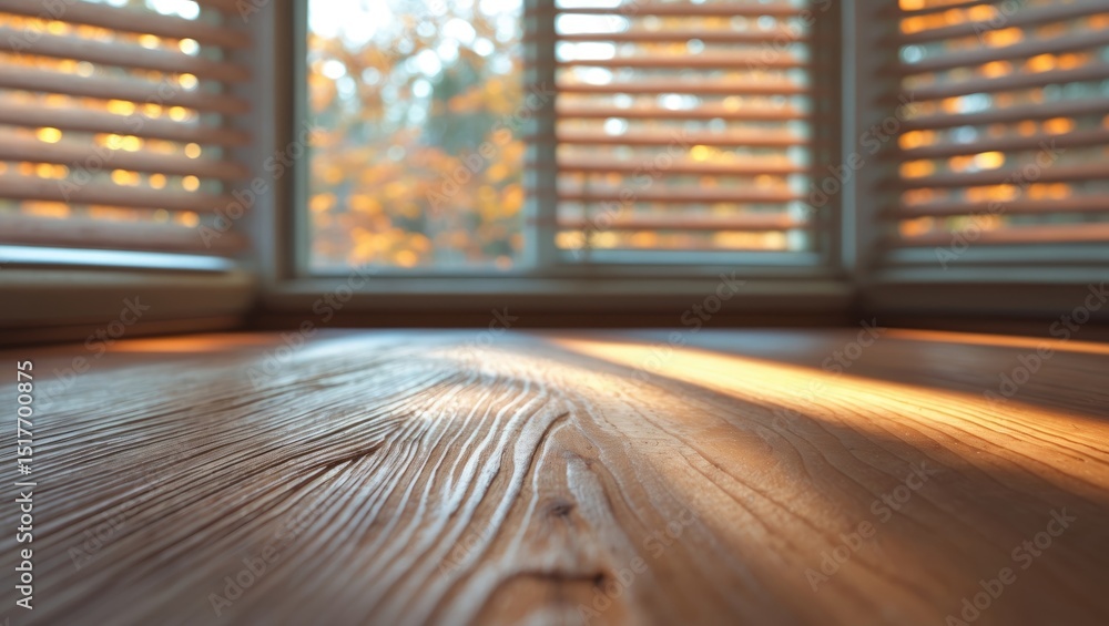 Poster wooden table with blank space for product display against a window backdrop featuring a blurred autu