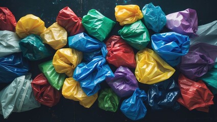 Recyclable soft plastic bag featuring rainbow colors on a textured blue background for creative concepts