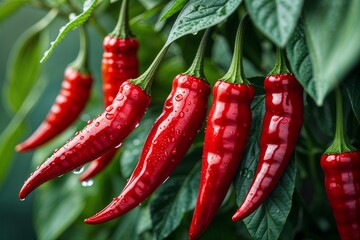 Fresh red chili peppers with water drops