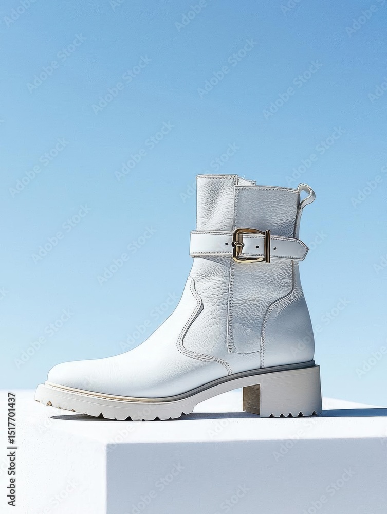 Poster white ankle boot with a chunky heel. the boot is made of leather and has a buckle on the side with a