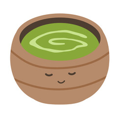 Kawaii Matcha Tea in Wooden Bowl with Smiling Face – Cute Japanese Drink Flat Vector Illustration