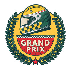 Design a retro F1 racing badge featuring a vintage racing helmet encircled by a laurel wreath.  Include detailed textures and a classic motorsport aesthetic.