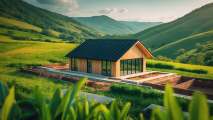 Fototapeta premium Construction of a Traditional Wooden House in Scenic Mountains