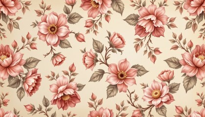 Elegant Seamless Pattern of Delicate Pink Roses and Buds on a Cream Background Perfect for Textile Design and Wallpaper