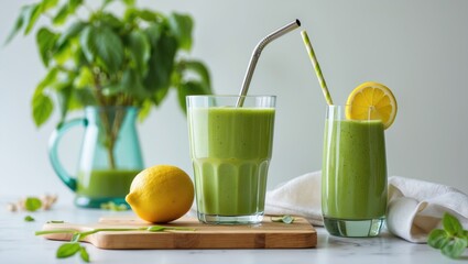 Fototapeta premium Fresh green smoothie featuring spinach, lemon, and superfoods for a healthy lifestyle
