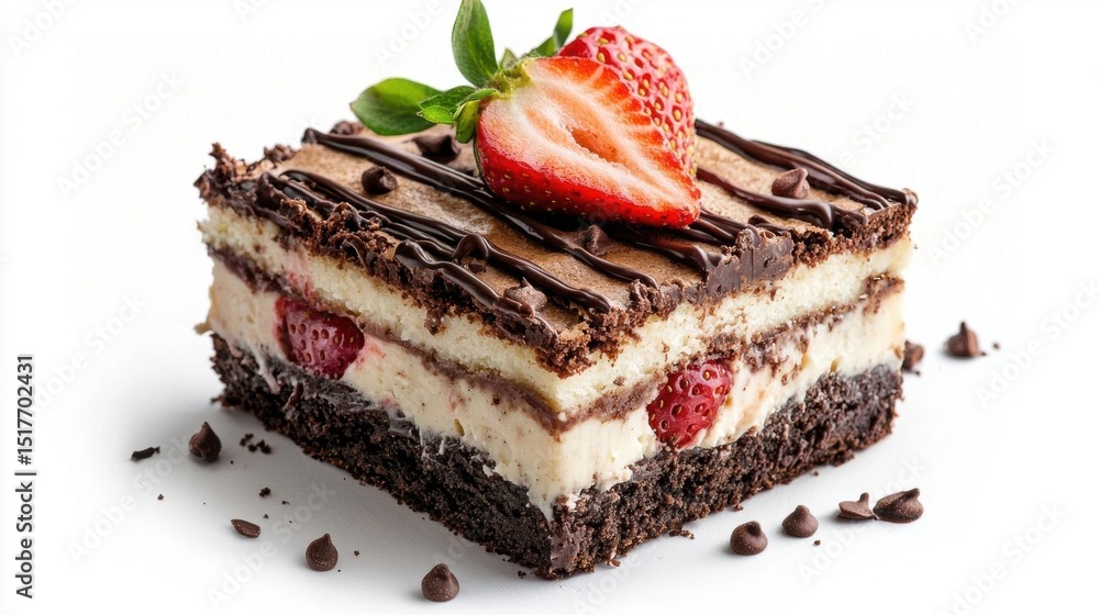 Poster the image is of a slice of dessert. the dessert appears to be a layered cake with layers of chocolat