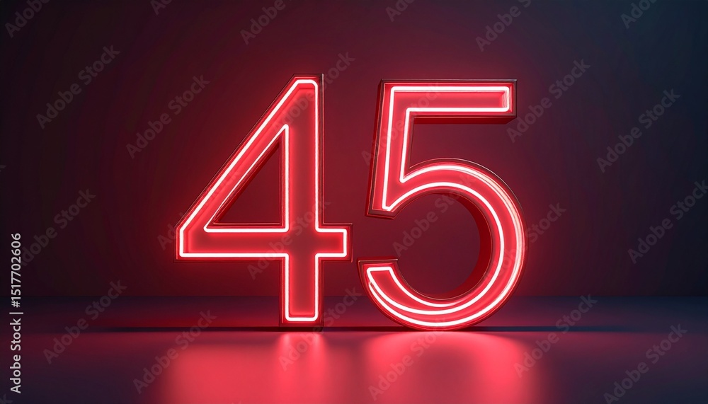 Poster 3d rendering of a metallic number 45 with curved red neon lines on a background.