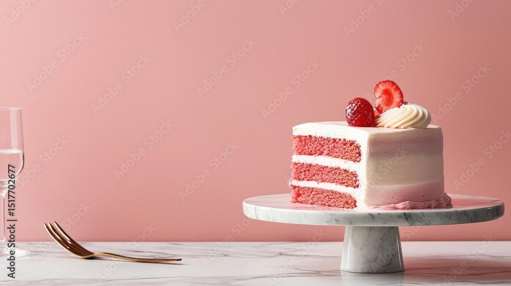 Poster slice of red velvet cake on a white marble cake stand. the cake is square in shape and has a white f