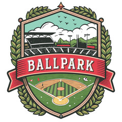 A nostalgic baseball game scene, vibrant and detailed, artfully framed within an antique crest.  Include players, fans, and the ballpark itself.