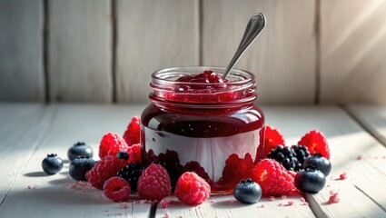 Top view of a jar filled with wild berry jam on a white wooden surface