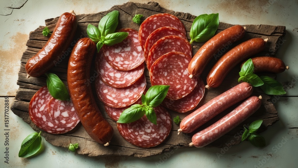 Poster assorted sausages, salami, and smoked meats with basil and spices on a light background from a top v