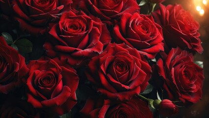 Close-up of red roses with intricate floral pattern and detailed petals
