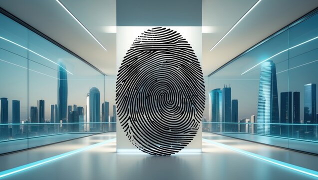 Viewfinder and thumbprint imagery combined with network nodes in a conference room emphasizing digital security and business communication - Powered by Adobe