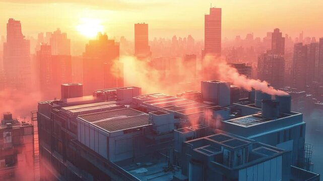 Radiative cooling panels and HVAC systems on a high-rise rooftop emit vapor against a vivid city skyline during a hot sunset, highlighting urban heat, energy infrastructure, and climate adaptation.