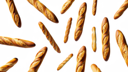 Baguettes esparcidos por el aire. Aislados sobre fondo transparente. PNG.