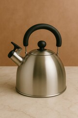 A stylish stainless steel kettle sitting on a marble countertop. The kettle has a black handle and spout, ready for brewing tea or coffee
