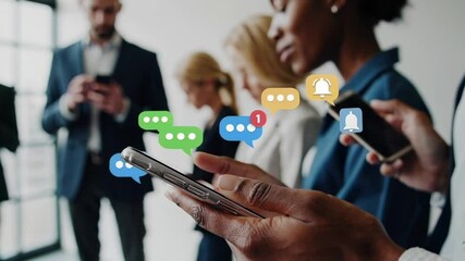 Professional colleagues checking smartphones, surrounded by glowing social media icons and notification bubbles, representing digital communication and workplace connectivity - Powered by Adobe