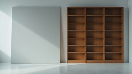 Contemporary home interior featuring empty wooden bookcase and blank framed artwork on the wall