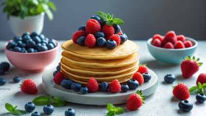 French-style wheat toast with fresh strawberries and honey on a white plate