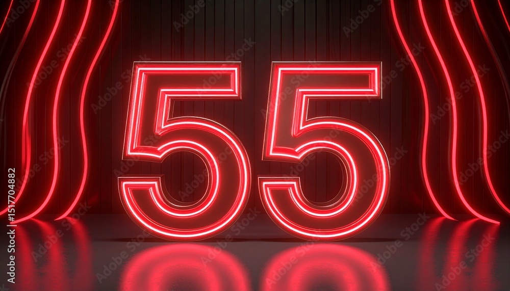 Poster 3d rendering of a metallic number 55 with curved red neon lines on a background.