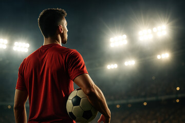 Soccer player holding ball in front of stadium.